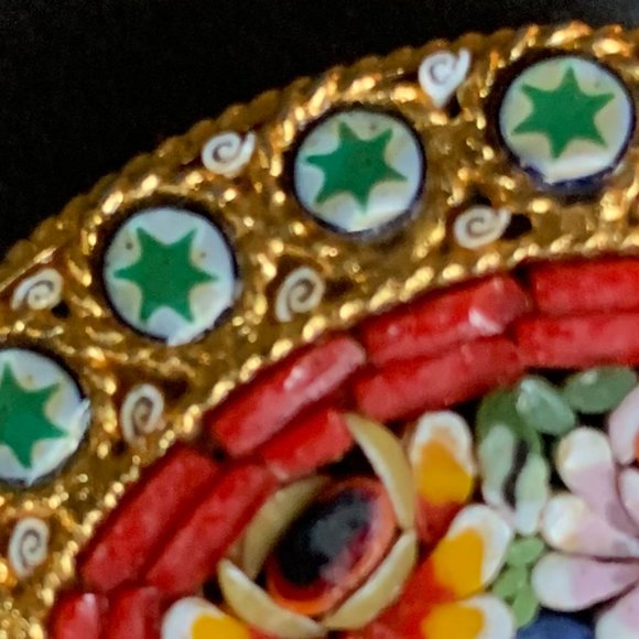 VTG Pin Micro Mosaic Italian Brooch Oval Glass Floral Red Green Gold - Picture 6 of 8